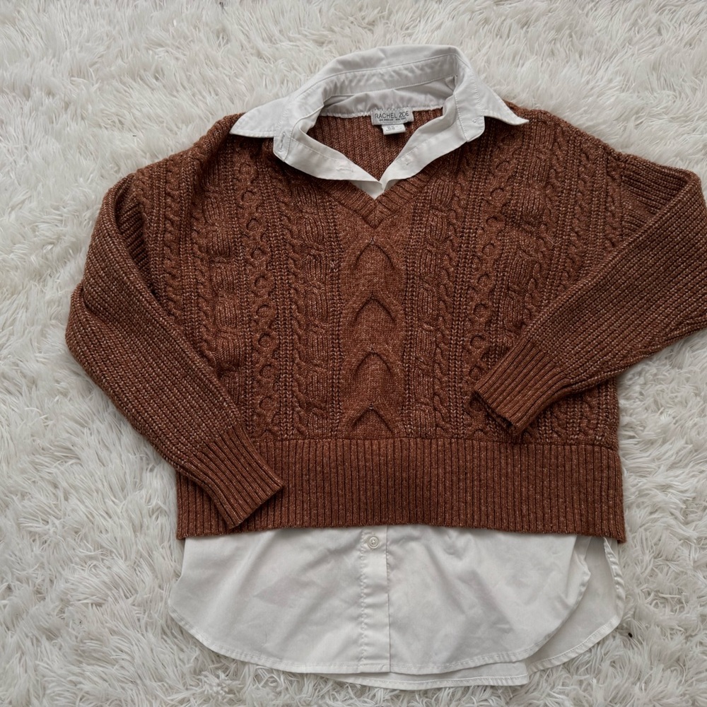 Rachel Zoe Brown V-Neck Cable Knit Sweater